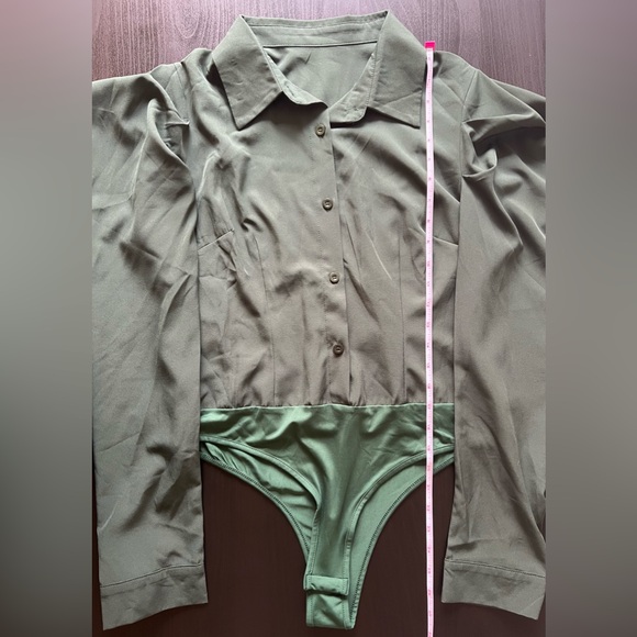 Collar Button Down Puff Long Sleeve Bodysuit Green Size M - Picture 4 of 12
